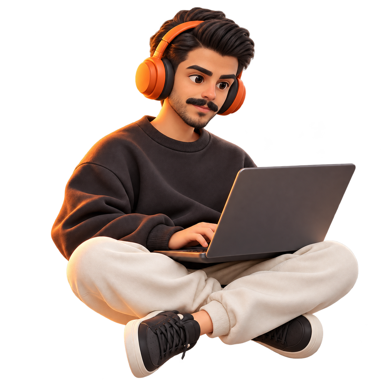 آدمک سهبعدی یاسین با سیبیل، هدفون نارنجی و لپتاپ